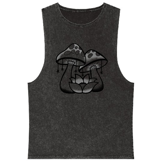 Two Mushrooms with Stars and a Lotus Mineral Wash Tank Tops