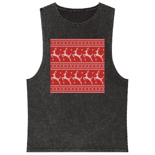 Red Ugly Sweater Christmas Flying Reindeer Mineral Wash Tank Tops