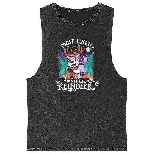 Christmas Most Likely To Pet The Reindeer Santa Mineral Wash Tank Tops