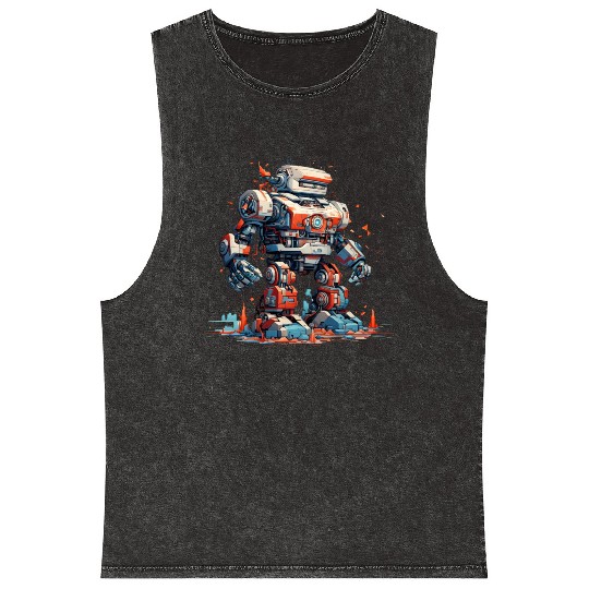 Mech Robot Illustration Design Mineral Wash Tank Tops