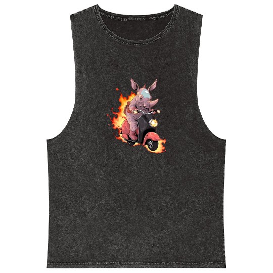 Rhino Riding Scooter Funny Rhinoceros Biker Moped Mineral Wash Tank Tops