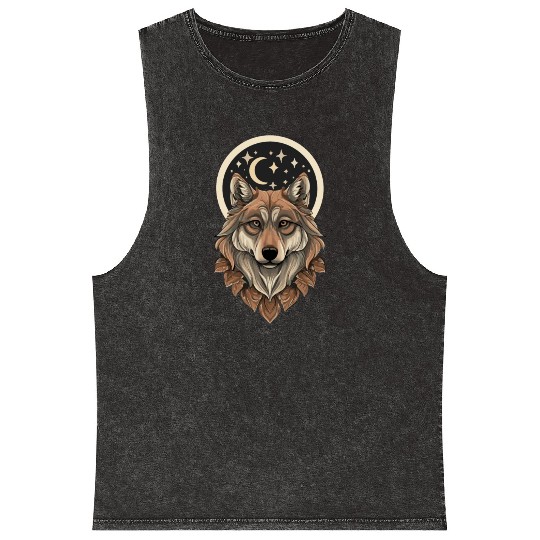 Wolf Moon Stars Design Mineral Wash Tank Tops