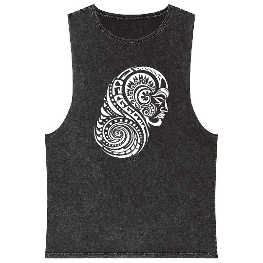 Authentic Maori Tattoo Artistry in white Mineral Wash Tank Tops