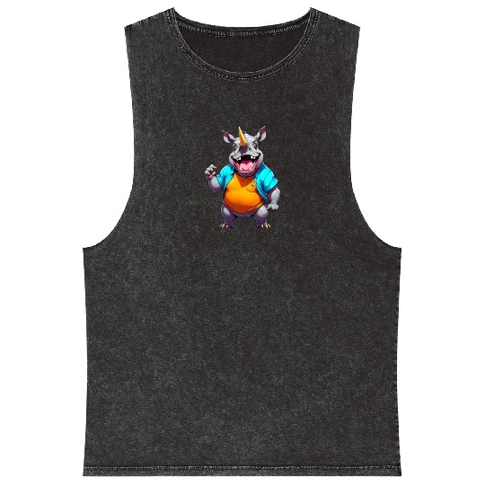 A Cartoonish Rhinoceros in a Playful Pose Mineral Wash Tank Tops