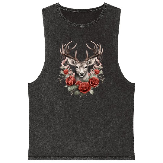 Gothic Deer Forest Animals Roses Mineral Wash Tank Tops
