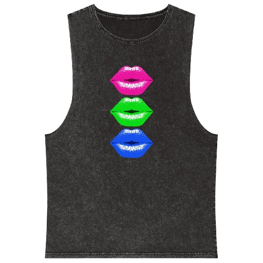 3 Kissing Lips Neon Colors Mineral Wash Tank Tops