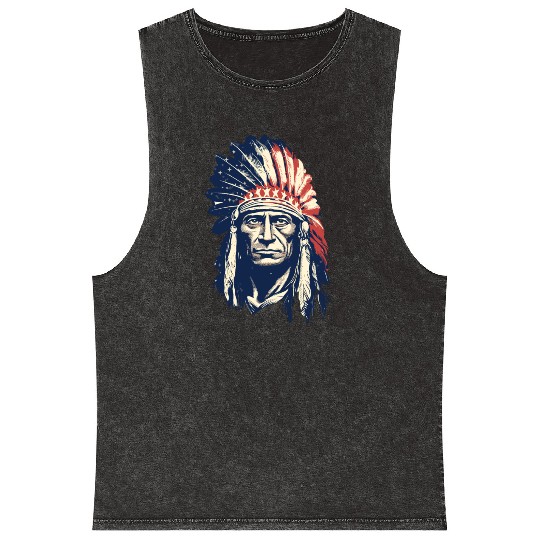 Indian Native American Chief Feather Headdress Mineral Wash Tank Tops