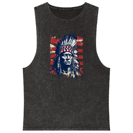 Indian Native American Chief Feather Headdress Mineral Wash Tank Tops