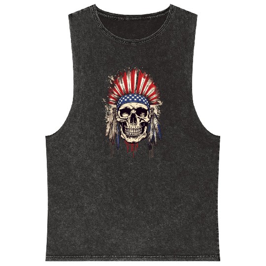 Skull Indian Chief Native American USA Mineral Wash Tank Tops