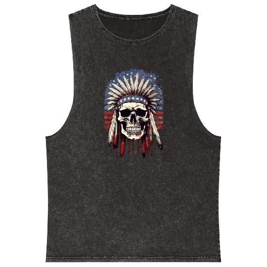Skull Indian Chief Native American USA Mineral Wash Tank Tops