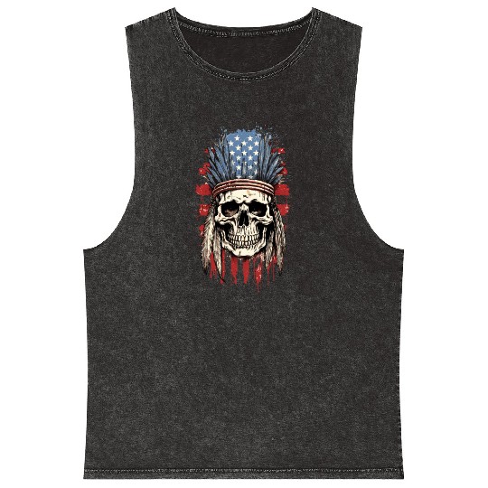 Skull Indian Chief Native American USA Mineral Wash Tank Tops