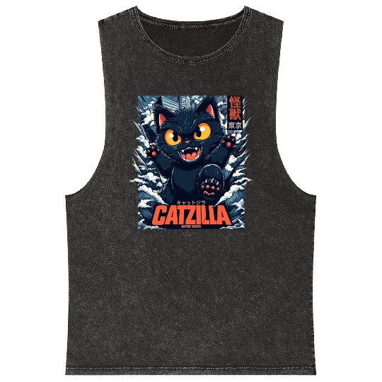 Kaiju Catzilla in Japan Tokyo Mineral Wash Tank Tops