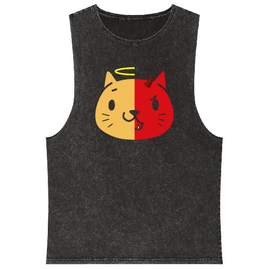 Two Face Cat Angel And Devil Mineral Wash Tank Tops