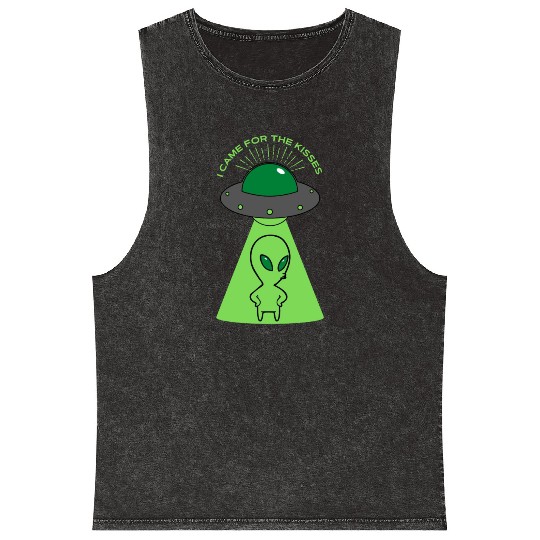 Green Illustrated Alien About Kiss Mineral Wash Tank Tops