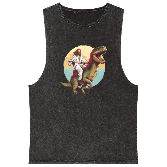 Jesus Riding a Dinosaur Meme Dino Lover Mineral Wash Tank Tops