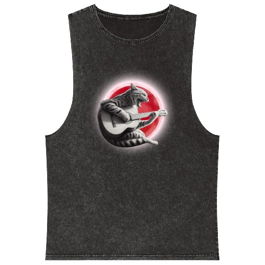 Rock Cat Playing Guitar Mineral Wash Tank Tops under the red moon