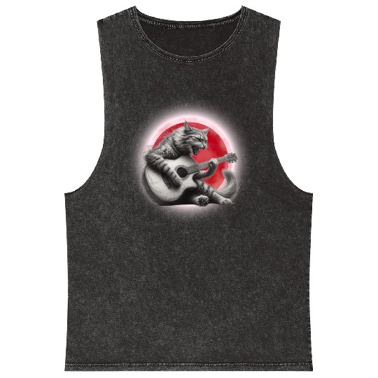 Rock Cat Playing Guitar Mineral Wash Tank Tops under the red moon