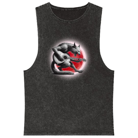 Rock Cat Playing Guitar Mineral Wash Tank Tops under the red moon