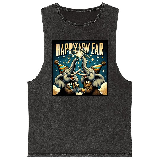 New Year's Eve Elephant Cheers with Champagne Mineral Wash Tank Tops