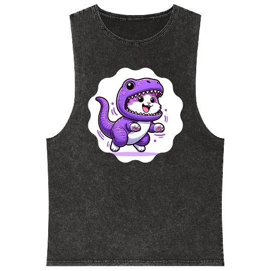 Energetic Cat in Velociraptor Costume - Playful Fe Mineral Wash Tank Tops