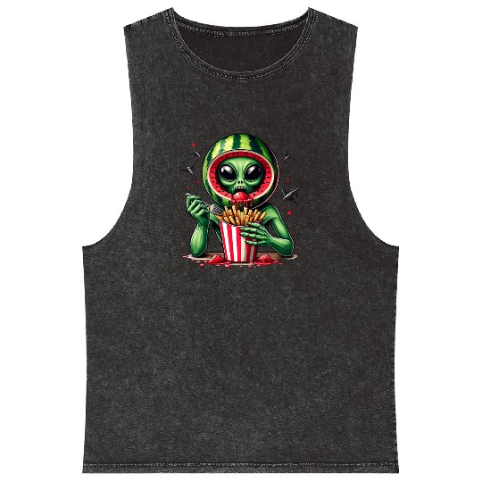 Alien with watermelon helmet eats fries Mineral Wash Tank Tops