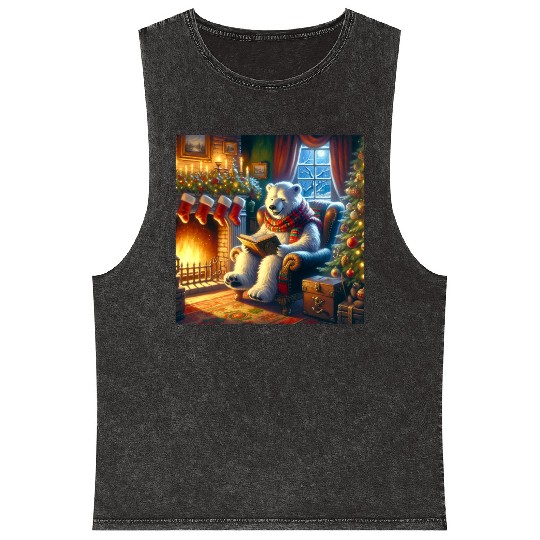 Winter Tales-Merry Cozy Bear Reading by Fireplace Mineral Wash Tank Tops