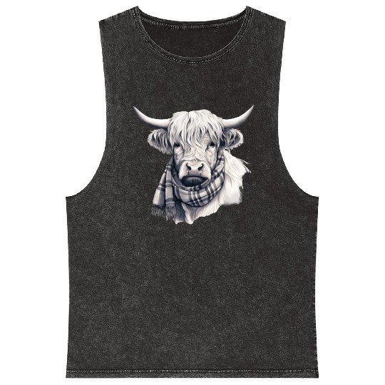 Adorable Highland Cow Wearing a Scarf Mineral Wash Tank Tops