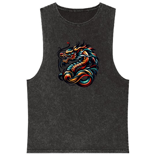 Colorful Chinese Dragon Artwork and Tribal Design Mineral Wash Tank Tops