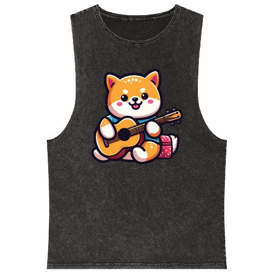 Cute Shiba Inu Playing Guitar Geek Cartoon Mineral Wash Tank Tops