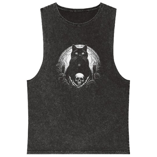 Scary Horror Black Cat Mineral Wash Tank Tops