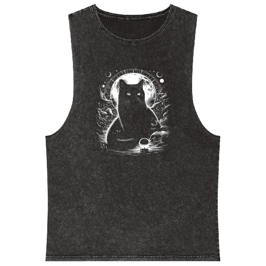 Scary Horror Black Cat Mineral Wash Tank Tops