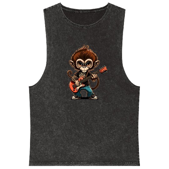 Monkey Chimpanzee Playing Acousitc Rock Guitar Mineral Wash Tank Tops