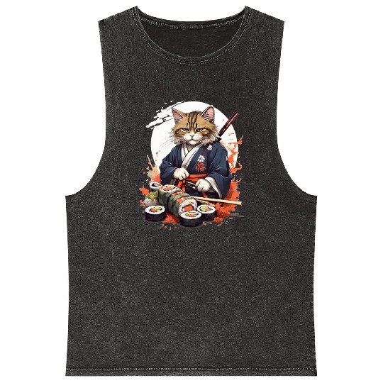 Cat Samurai Sushi Mineral Wash Tank Tops