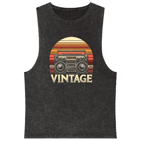 Vintage Boombox Old School 80s Music Retro Mineral Wash Tank Tops
