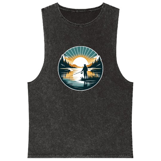 Serene Sunrise Fishing - Peaceful Morning Lake Mineral Wash Tank Tops