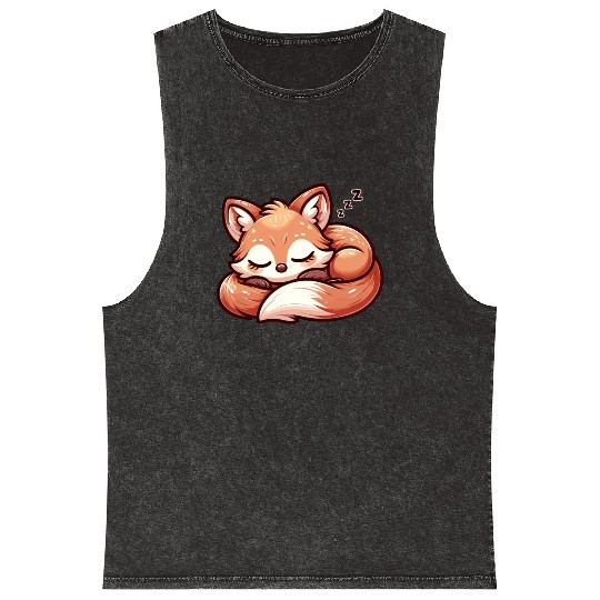 Slumbering Fox - Kawaii Sleeping Fox Design Mineral Wash Tank Tops