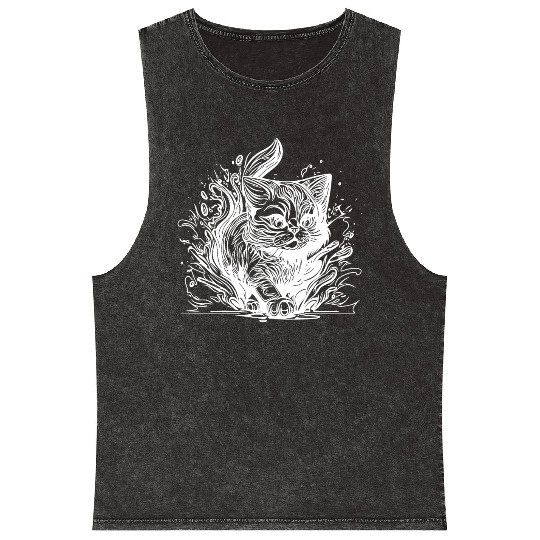 Cute Little House Cat In Tattoo Style Mineral Wash Tank Tops