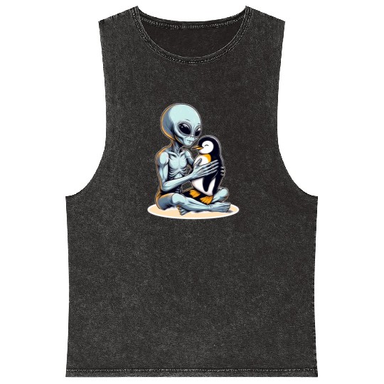 Alien Embracing Penguin Mineral Wash Tank Tops