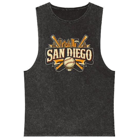 San Diego City California Baseball Skyline Vintage Mineral Wash Tank Tops