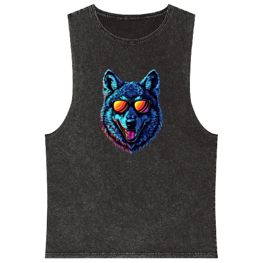 Cool Wolf Face Blue Wolf Wearing Sunglasses Mineral Wash Tank Tops