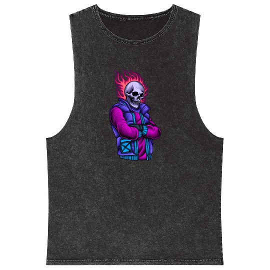 Urban Skeleton With Fire Skull Head Mineral Wash Tank Tops