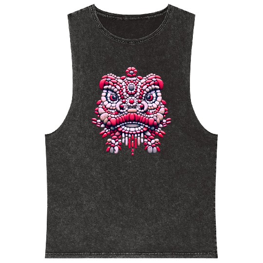 Chinese New Year - Pink Peony Lion Dance Mask Mineral Wash Tank Tops