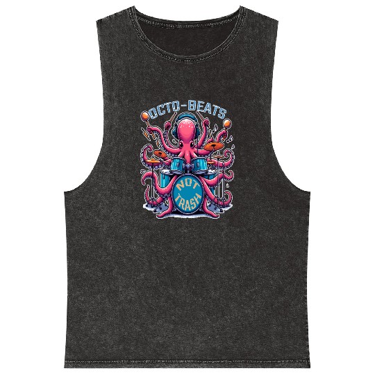 Octo Beats Not Trash, Eco Friendly Octopus Drummer Mineral Wash Tank Tops