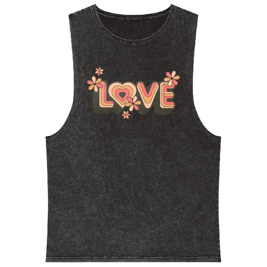 1960s Retro Hippie Floral Love Design Mineral Wash Tank Tops