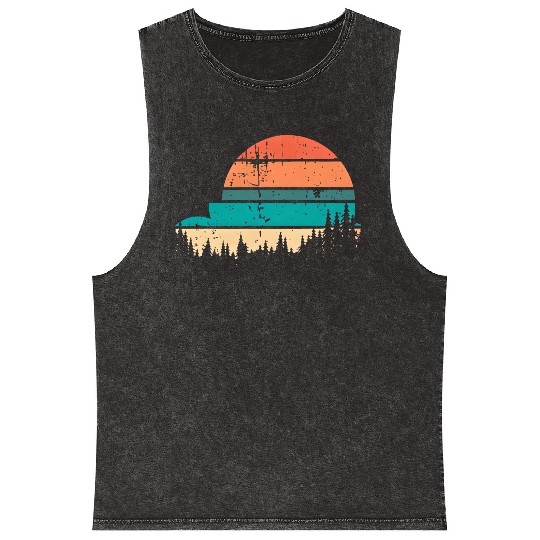 Retro Evergreen Sunset Stepped Circle Design Mineral Wash Tank Tops