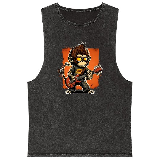 Monkey Chimpanzee Playing Acousitc Rock Guitar Mineral Wash Tank Tops