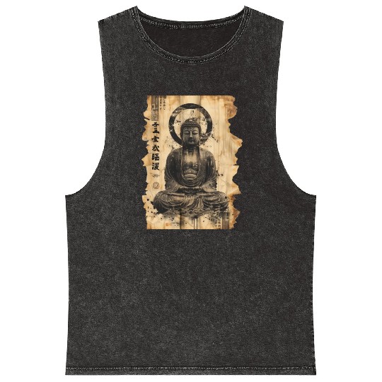 Vintage Papyrus Scroll Japanese Silhouette Buddha Mineral Wash Tank Tops