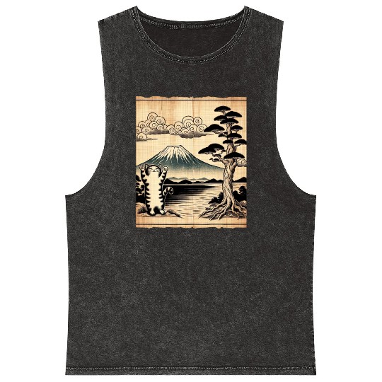 Mt. Fuji Kitten Papyrus Scroll Retro Japanese Art Mineral Wash Tank Tops