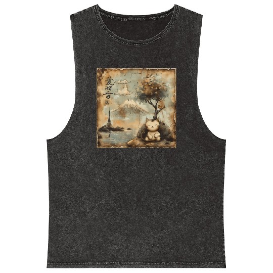 Mt. Fuji Kitten Papyrus Scroll Retro Japanese Art Mineral Wash Tank Tops