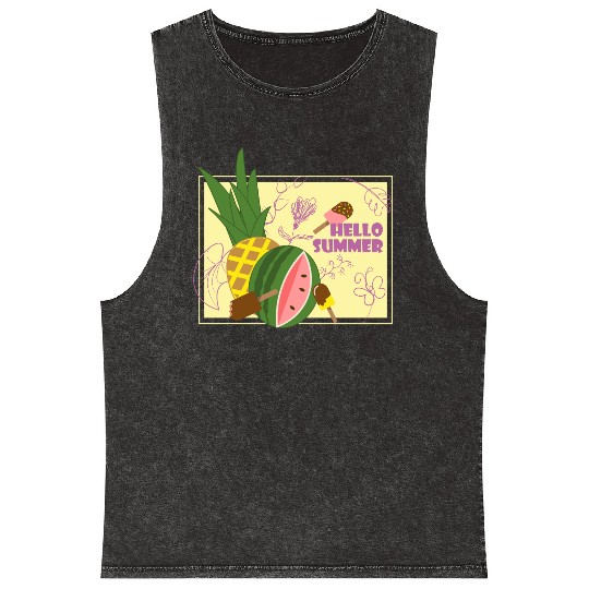 Hello summer fruit ice cream flowers & butterfly Mineral Wash Tank Tops